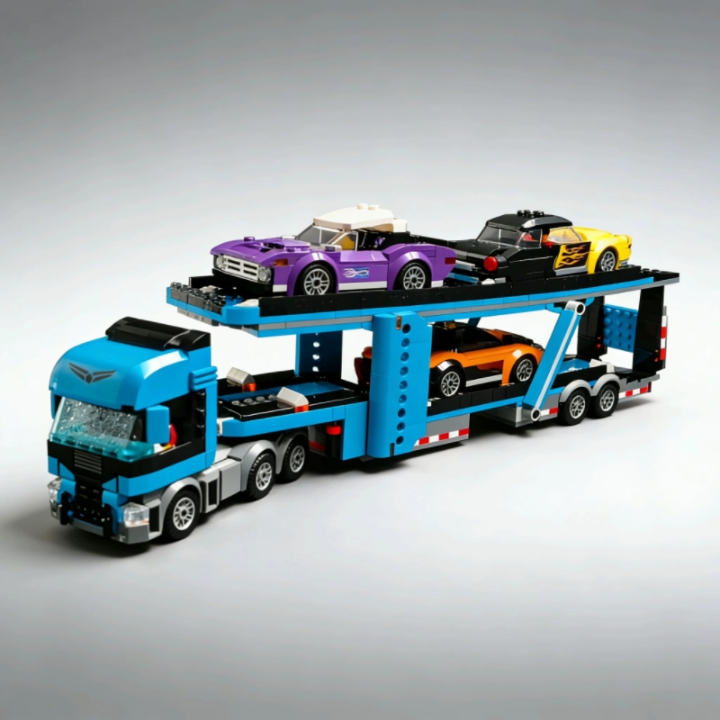 Lego Set Creator - シティシリーズの車運搬トラックの組み立てブロック、スポーツレーシングカー付きの2階建てトラックトレーラー、DIY組み立ておもちゃセット