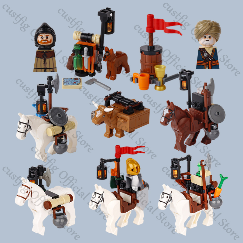 Lego Minifigure Holder - 子供のための中世の城のビルディングブロック,騎士の置物,輸送の村,家畜,旅行かばん,動物,おもちゃ